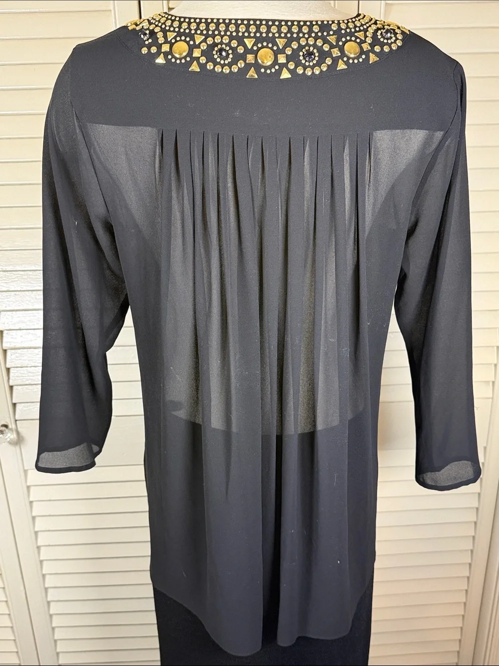Michael Kors Beaded V-Neck Chiffon Tunic Top Black Gold Studded Sheer Blouse S